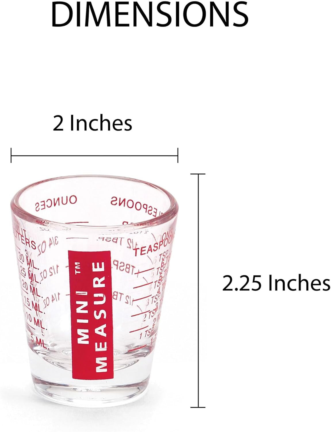 Mini Measure Heavy Glass, 20-Incremental Measurements Multi-Purpose Liquid and Dry Measuring Shot Glass, Red