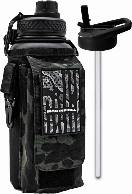 Battle Bottle - 32 Oz Insulated Water Bottle with Straw Lid & Chug Cap, Stainless Steel Metal Tactical Flask with Rugged, Removable Sleeve for Keys & Phone or Wallet (Black Camo 1 Liter)