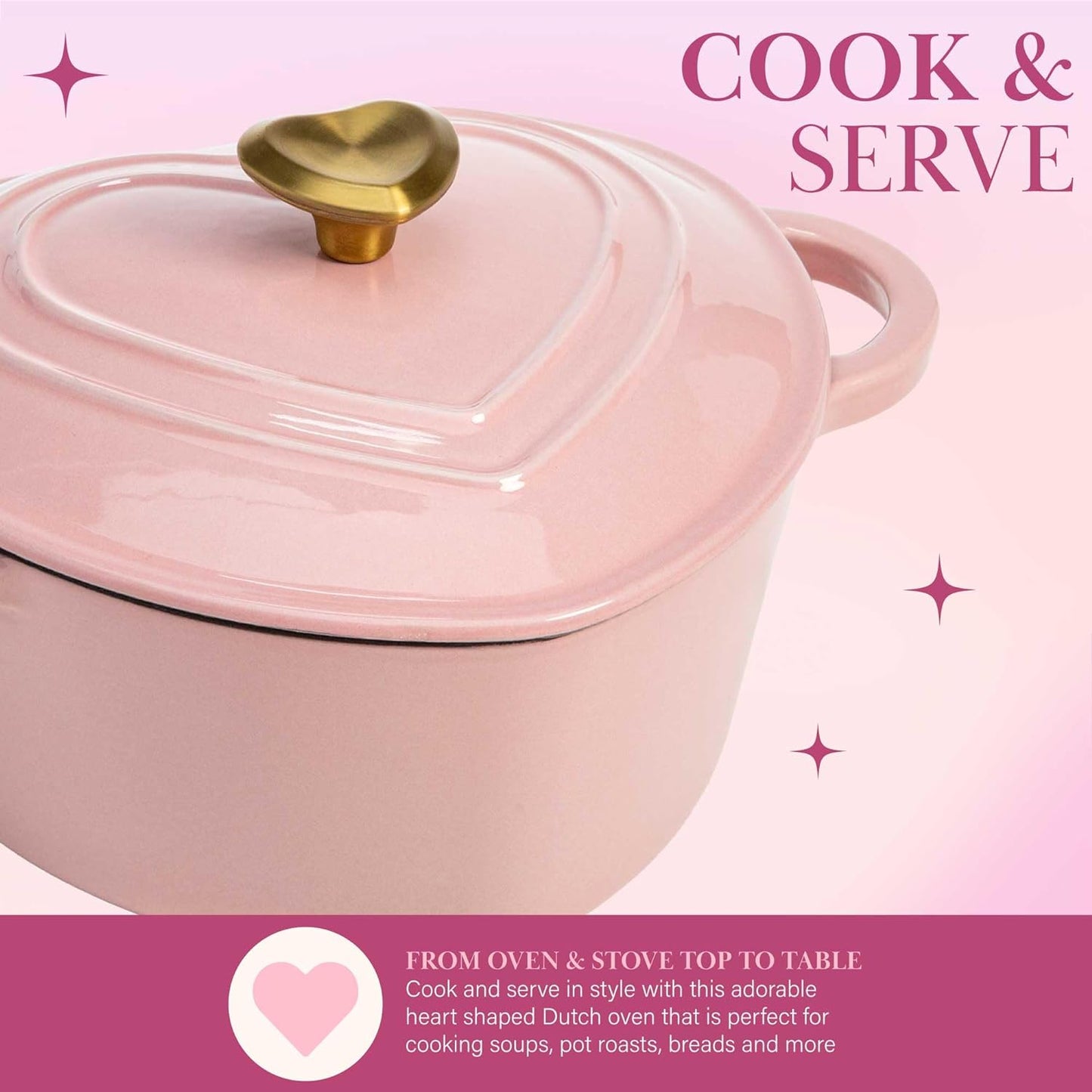 Enameled Cast Iron Dutch Oven Heart-Shaped Pot with Lid, Dual Handles, Works on All Stovetops, Oven Safe to 500°F, 2-Quart, Pink