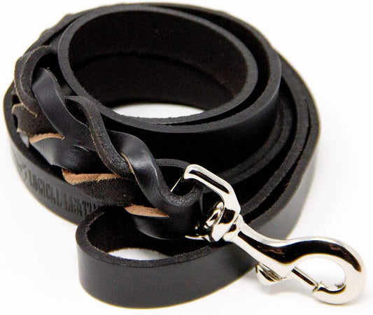 6 Foot Braided Dog Leash - Heavy Duty Full Grain Leather Lead; Best for Training - Black