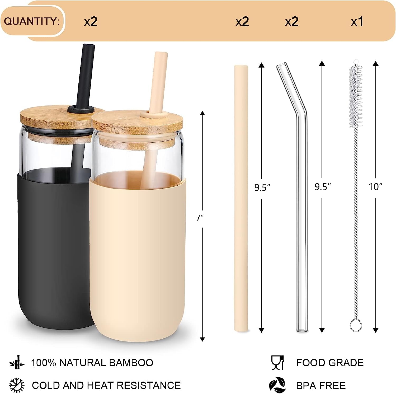 Glass Cups with Bamboo Lids and Straws