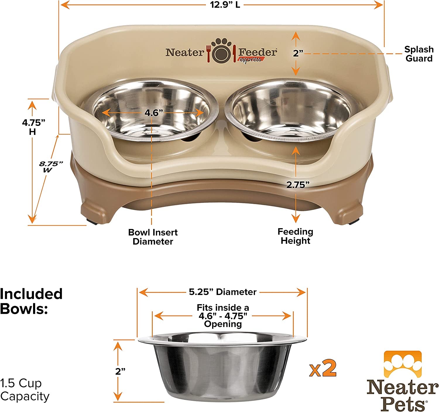 - Express Model - Mess-Proof Dog Bowls (Small, Cappuccino) – Made in USA – Elevated, No Spill, Non-Tip, Non-Slip, Raised Stainless Steel Food & Water Pet Bowls