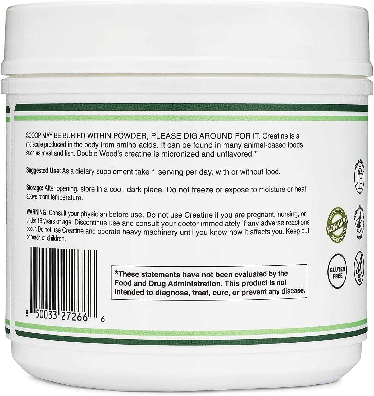 Creatine Monohydrate Powder 1.1Lbs (100 Servings of 5 Grams Each - Third Party Tested Micronized Creatine Powder) (With Scoop)(Creatina Monohidratada) by Double Wood