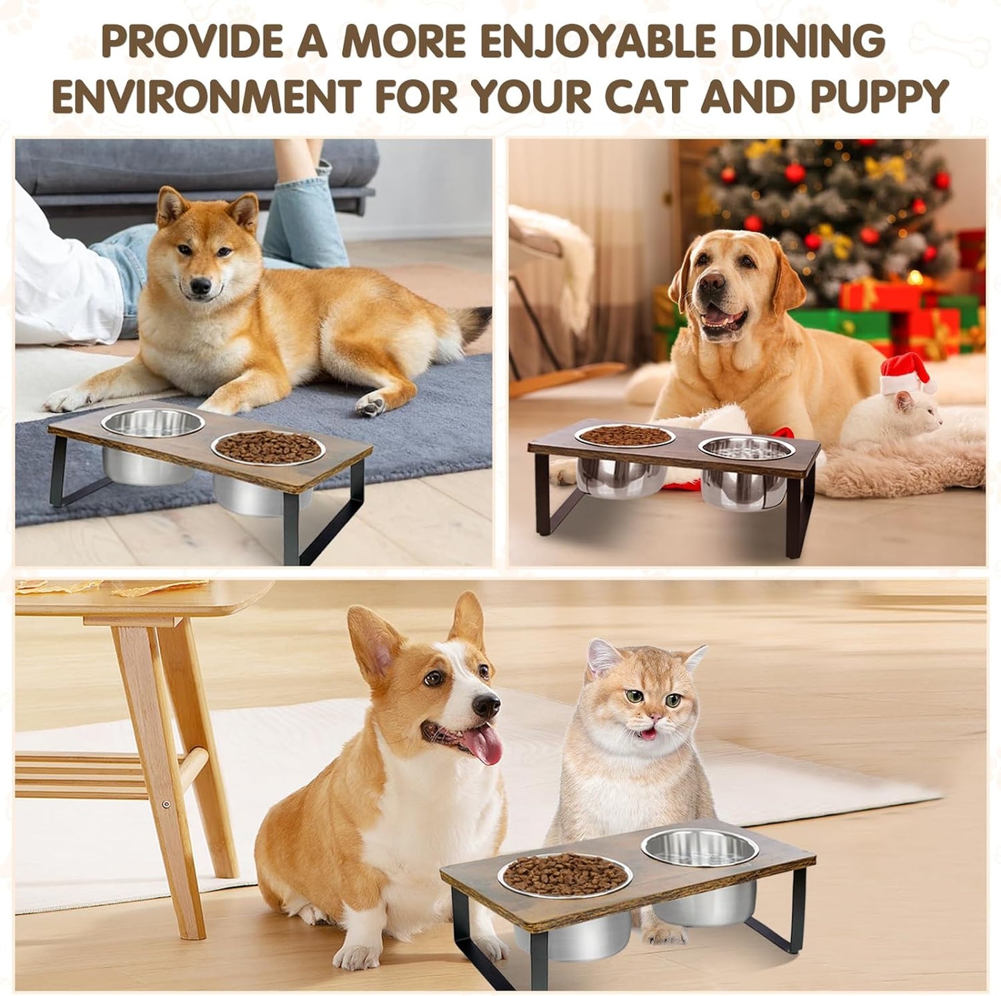 Elevated Dog Bowls for Small Medium Dogs, Wood Raised Dog Bowl Stand with 2 Stainless Steel Deep Bowls, Dog Food and Water Bowls, anti Vomit, Non-Slip Dogs Cats Feeding Dishes