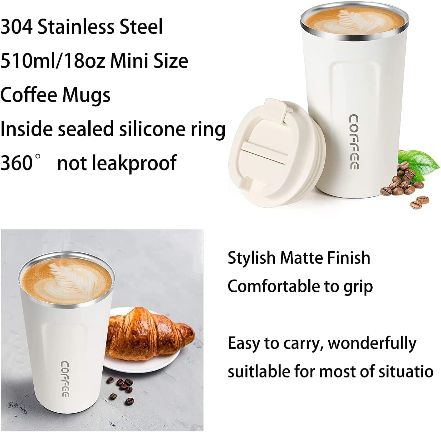 Insulated Coffee Mug with Lid, 18Oz Vacuum Stainless Steel Tea Tumbler Cup, Durable Double Wall Leak-Proof (White)