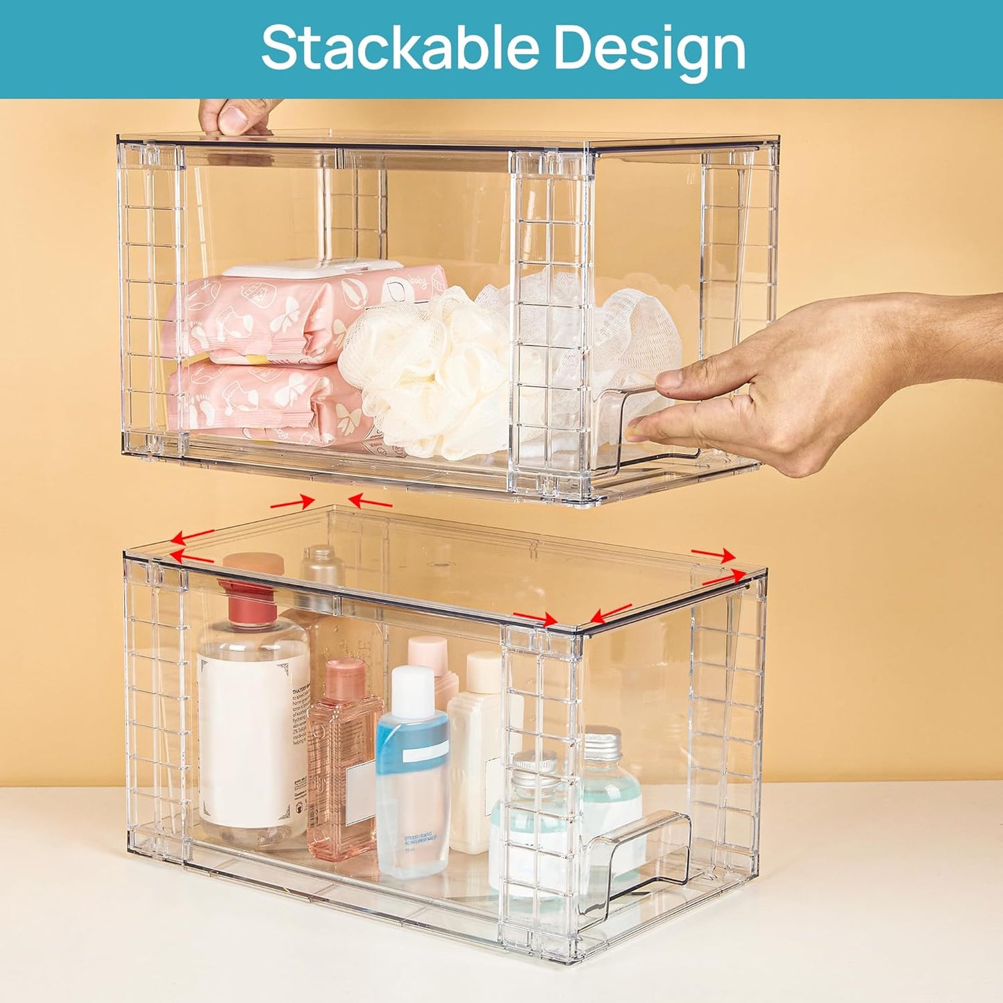 4 Pack Large Stackable Storage Drawers,Clear Acrylic Drawer Organizers with Handles