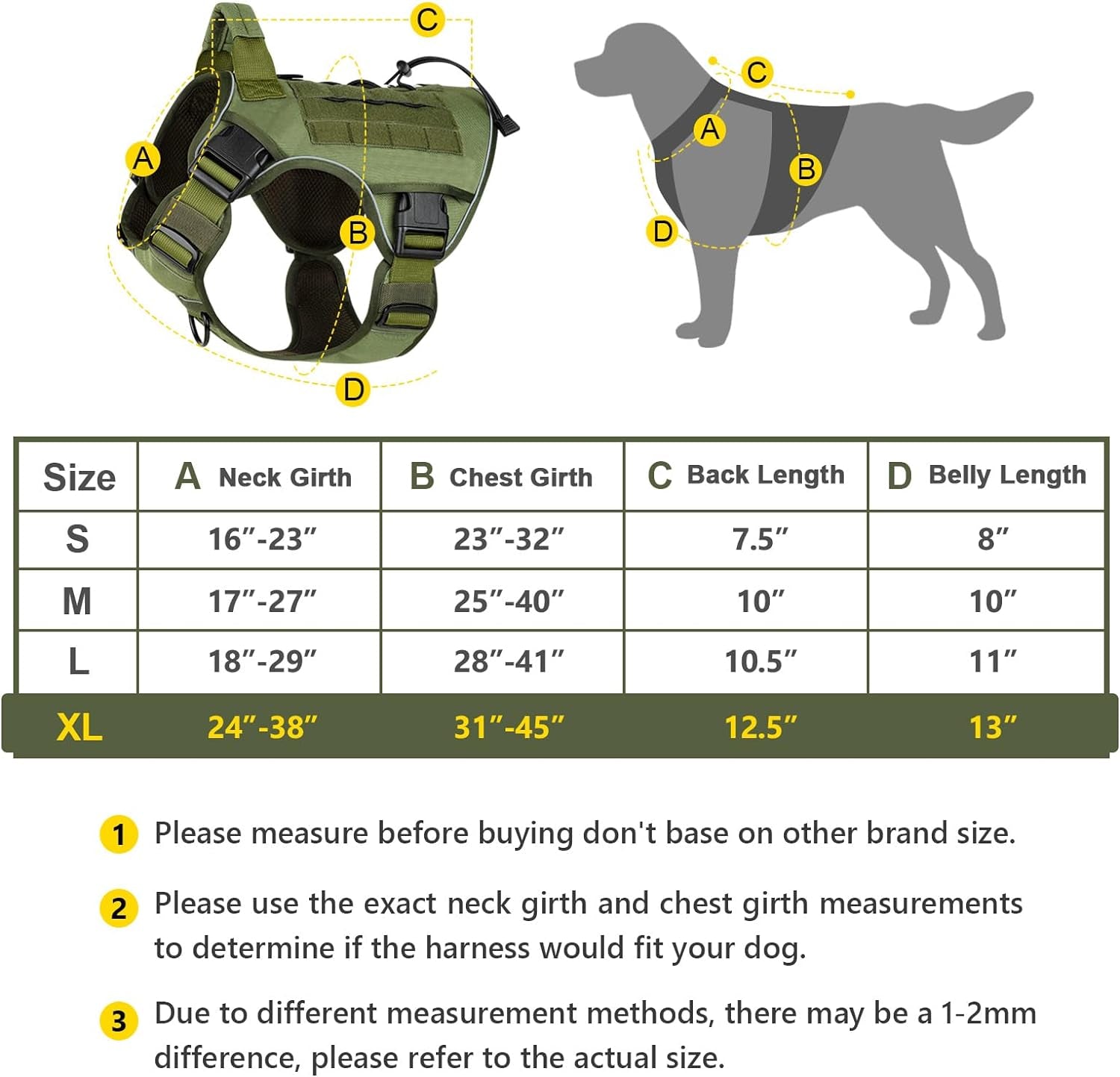 Green Harness with Handle Tactical Dog Harness for Large Dogs No Pull Adjustable Reflective K9 Military Dog Vest Harnesses with Easy Control Handle and Hook & Loop Pa(Xl)