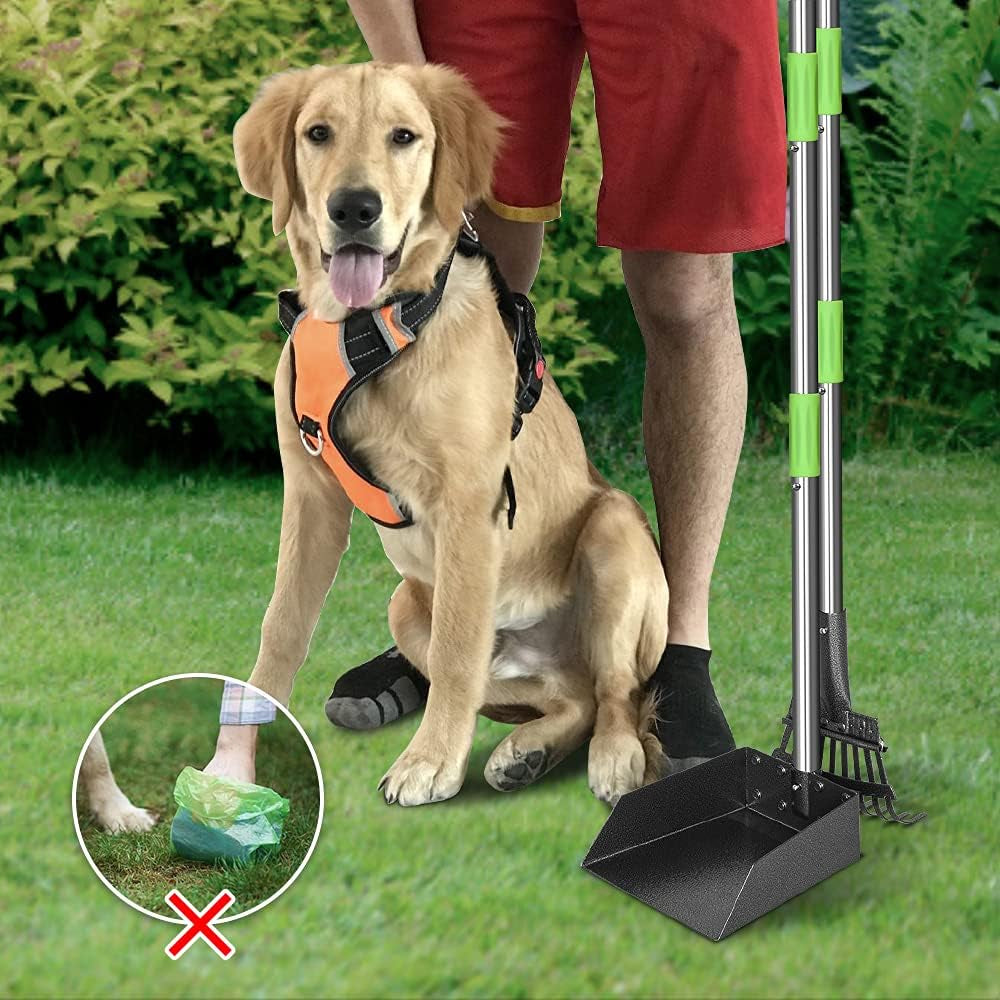 Dog Pooper Scooper Long Handle Stainless Metal Tray and Rake