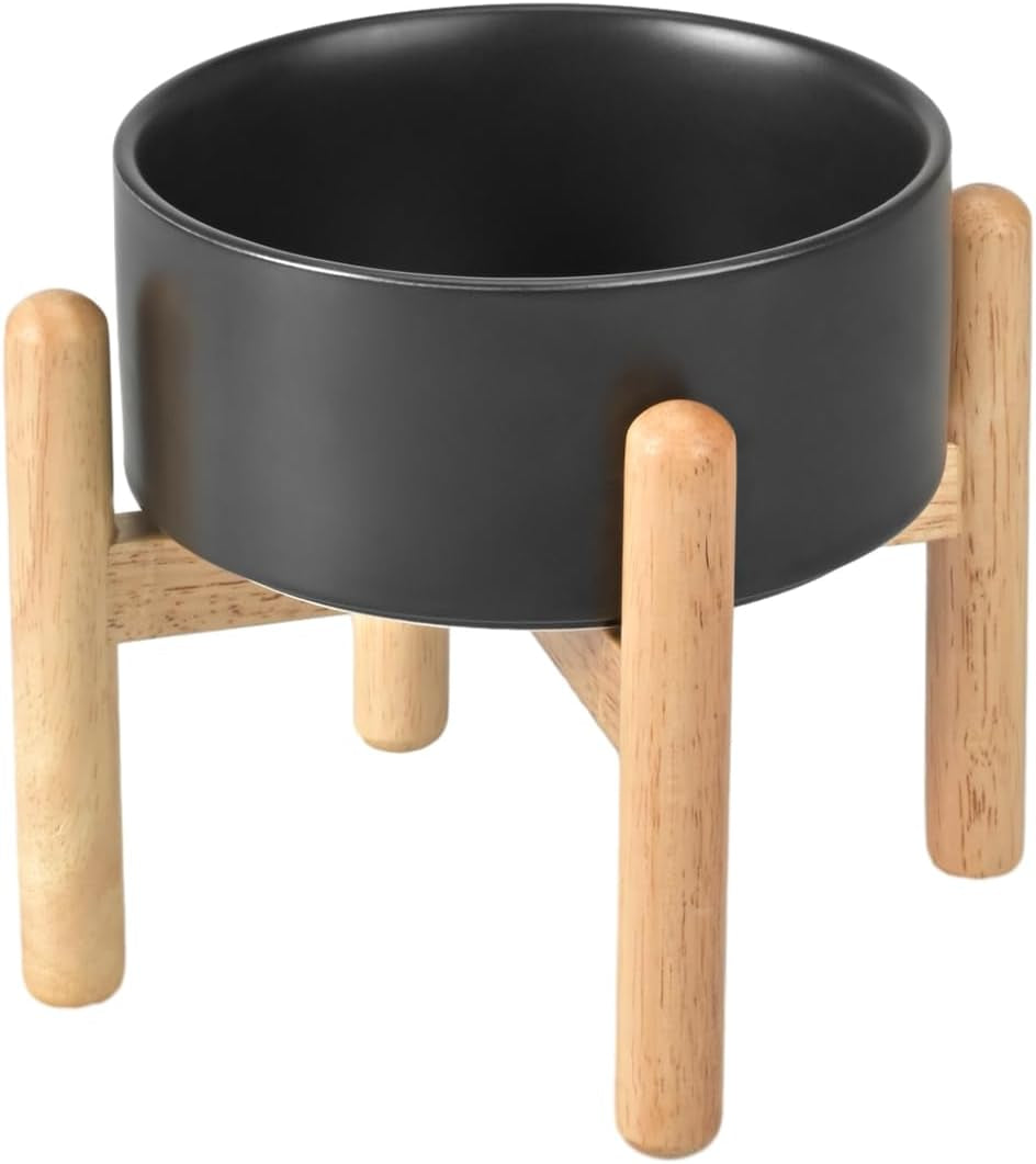 Ceramic Raised Dog Bowls with Wooden Stand Elevated Dog Bowl Food and Water Pet Feeding Bowl for Small and Medium Dog(Single 28.7OZ Bowl,Black)