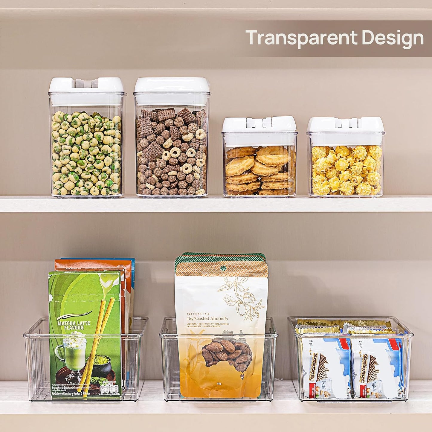 4 Pack Food Storage Organizer Bins, Clear Plastic Bins for Pantry, Kitchen, Fridge, Cabinet Organization and Storage, 4 Compartment Holder Packets, Snacks, Pouches, Spice Packets