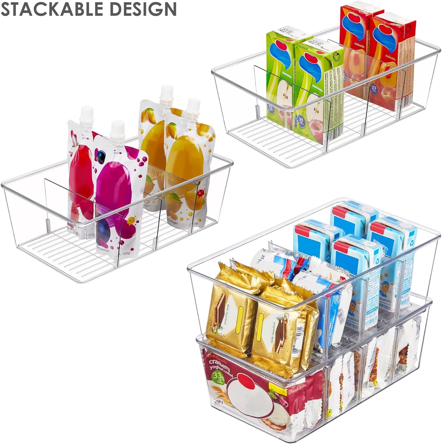 4 Pack Food Storage Organizer Bins, Clear Plastic Bins for Pantry, Kitchen, Fridge, Cabinet Organization and Storage, 4 Compartment Holder Packets, Snacks, Pouches, Spice Packets