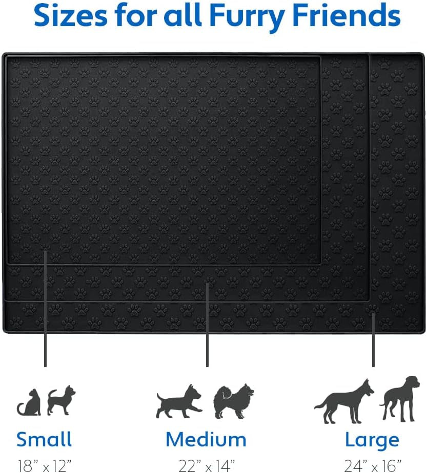 100% Waterproof Dog Food Mat, Raised Edges Silicone Pet Feeding Placemat for Cat, Dogs, Pet Bowls, High Lipped Tray Prevents Water Spills, Food on Floor, Dishwasher Safe, 22X14, Black