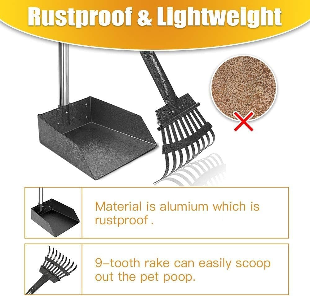 Dog Pooper Scooper Long Handle Stainless Metal Tray and Rake