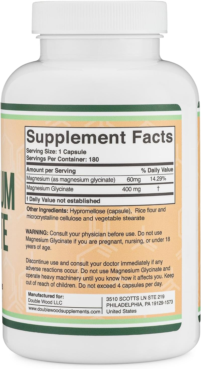 Magnesium Glycinate 400Mg, 180 Capsules (Vegan Safe, Third Party Tested, Gluten Free, Non-Gmo) High Absorption Magnesium by