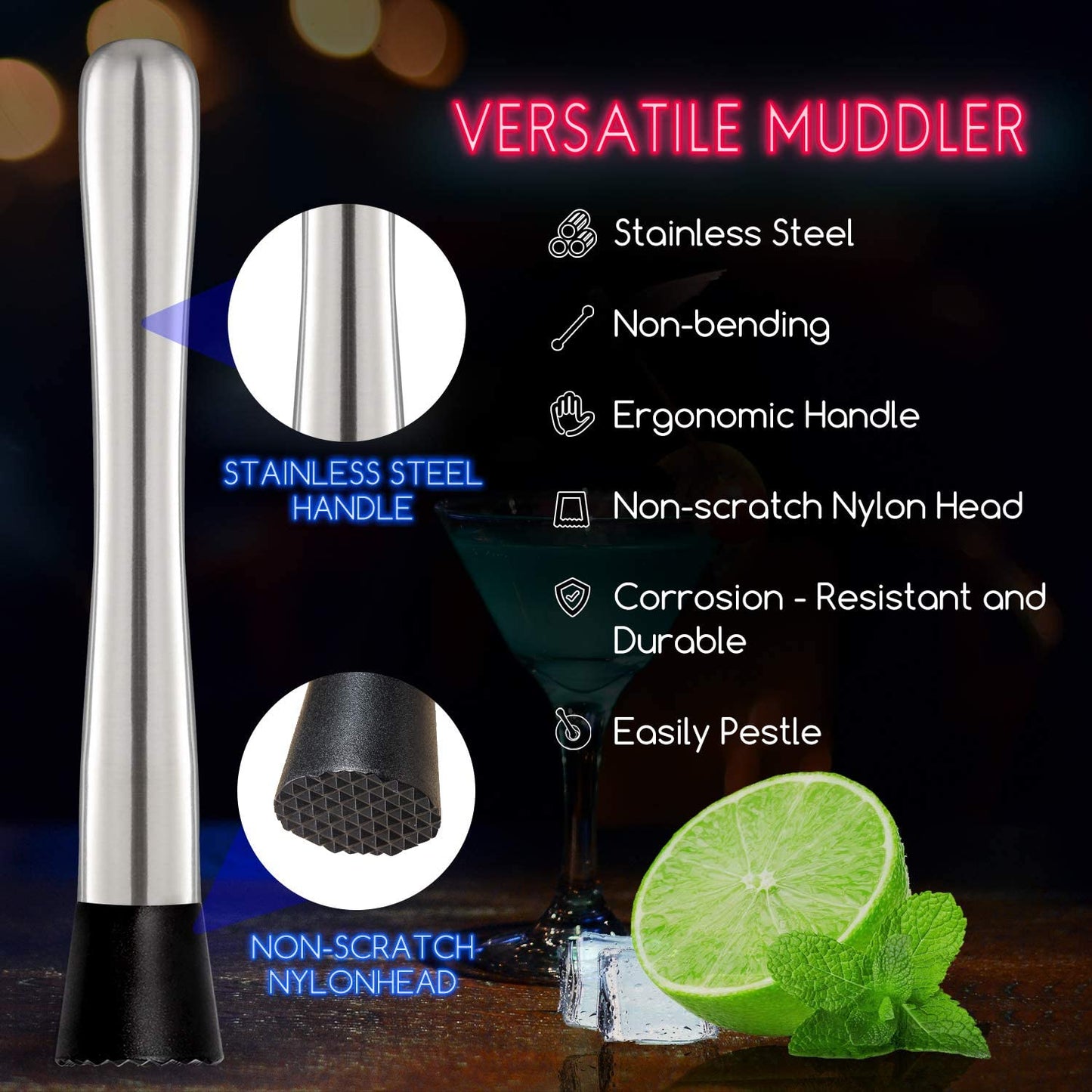 10 Inch Stainless Steel Cocktail Muddler and Mixing Spoon Home Bar Tool Set - Create Delicious Mojitos and Other Fruit Based Drinks